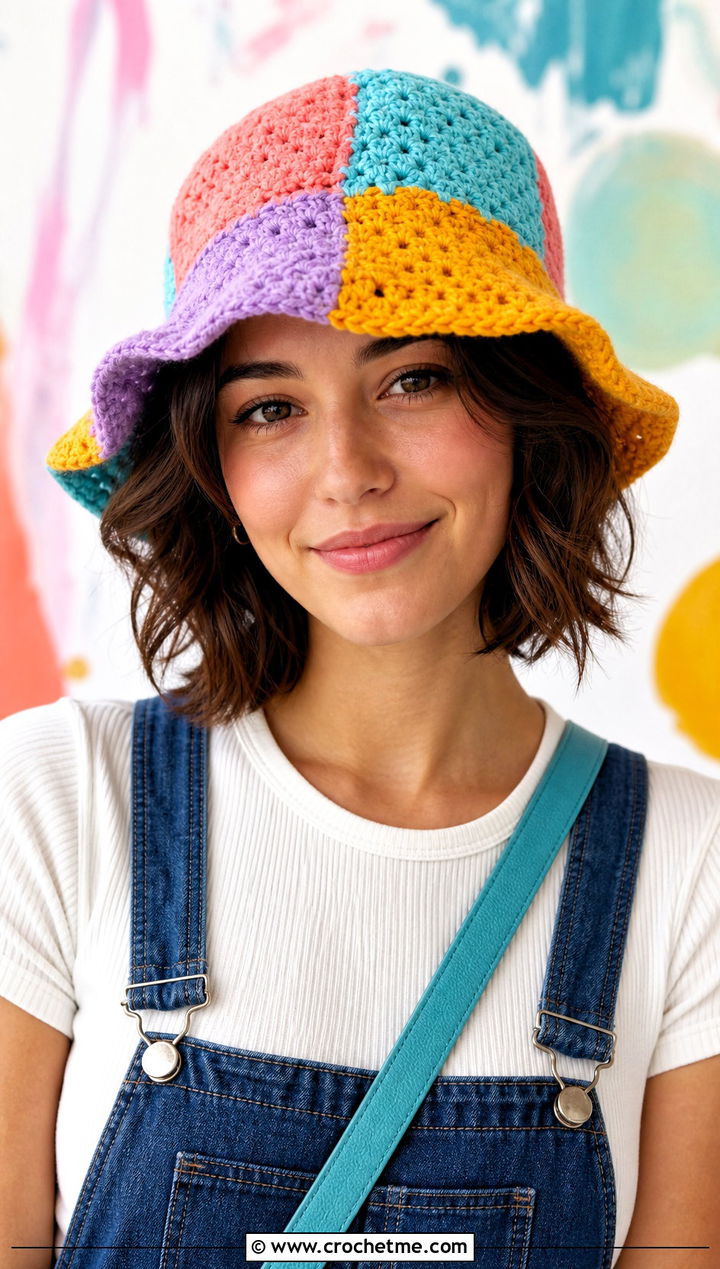 Patchwork Crochet Bucket Hat With Overalls - 25 Easy Crochet Bucket Hats outfit ideas