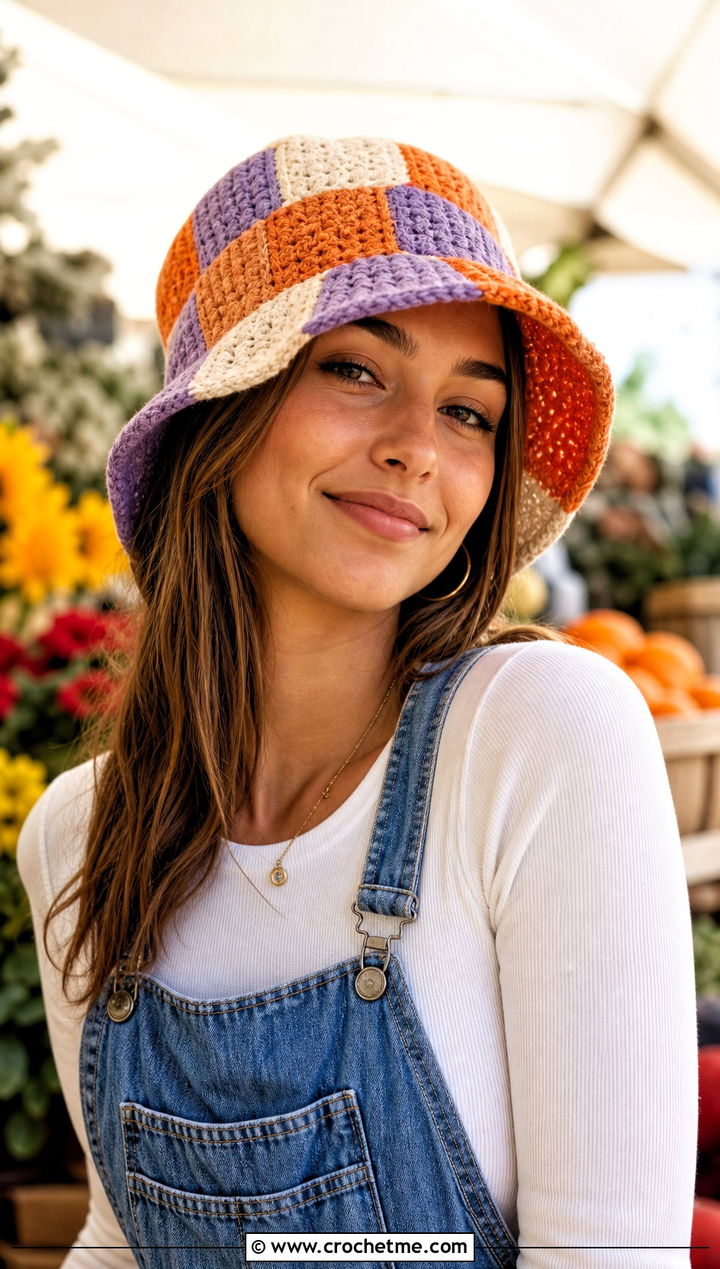 Patchwork Crochet Bucket Hat With Overalls - 15 crochet trendy bucket hat outfit ideas