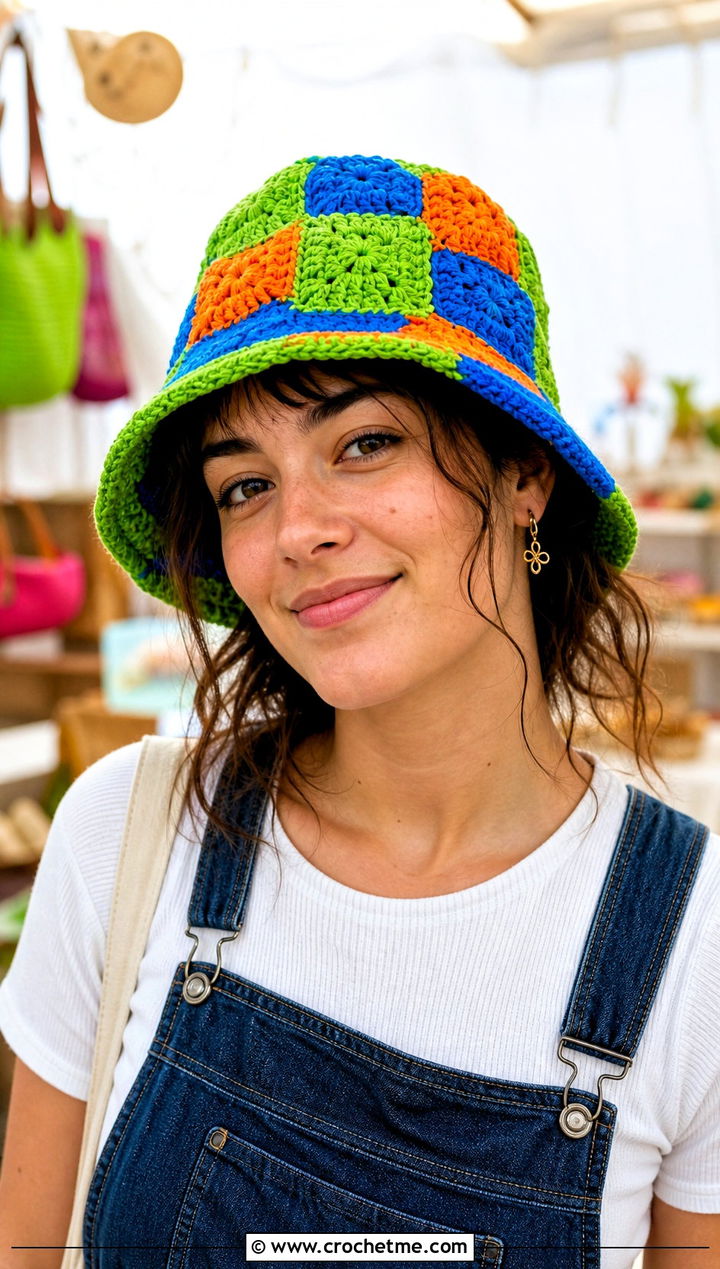 Patchwork Crochet Bucket Hat With Overalls - 30 easy crochet bucket hat outfit ideas