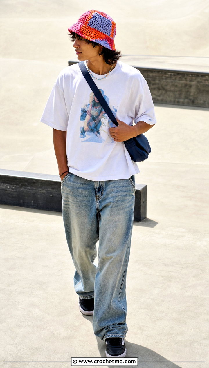 Patchwork Crochet Bucket Hat With Skater Outfit - 35 crochet hats men outfit ideas