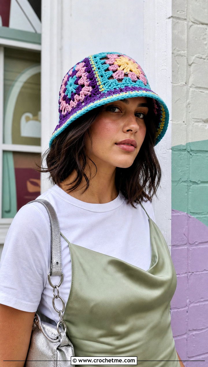 Patchwork Crochet Bucket Hat With Slip Dress And Sneakers - 30 summer crochet bucket hat outfit ideas