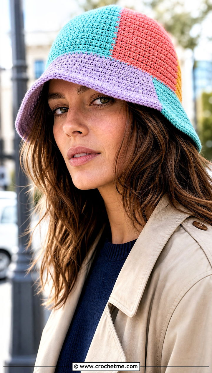 Patchwork Crochet Bucket Hat With Trench Coat - 25 Crochet Bucket Hat For Women outfit ideas
