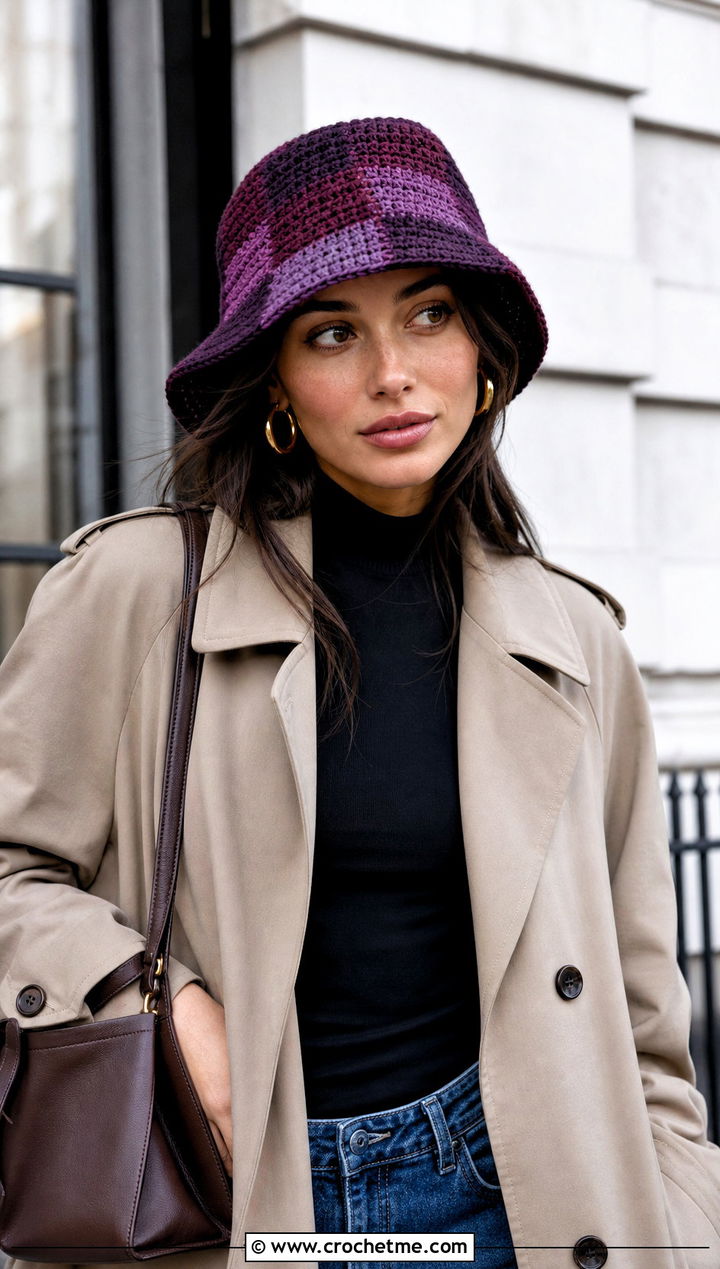 Patchwork Crochet Bucket Hat With Trench Coat And Jeans - 15 hailey bieber crochet bucket hat outfit ideas