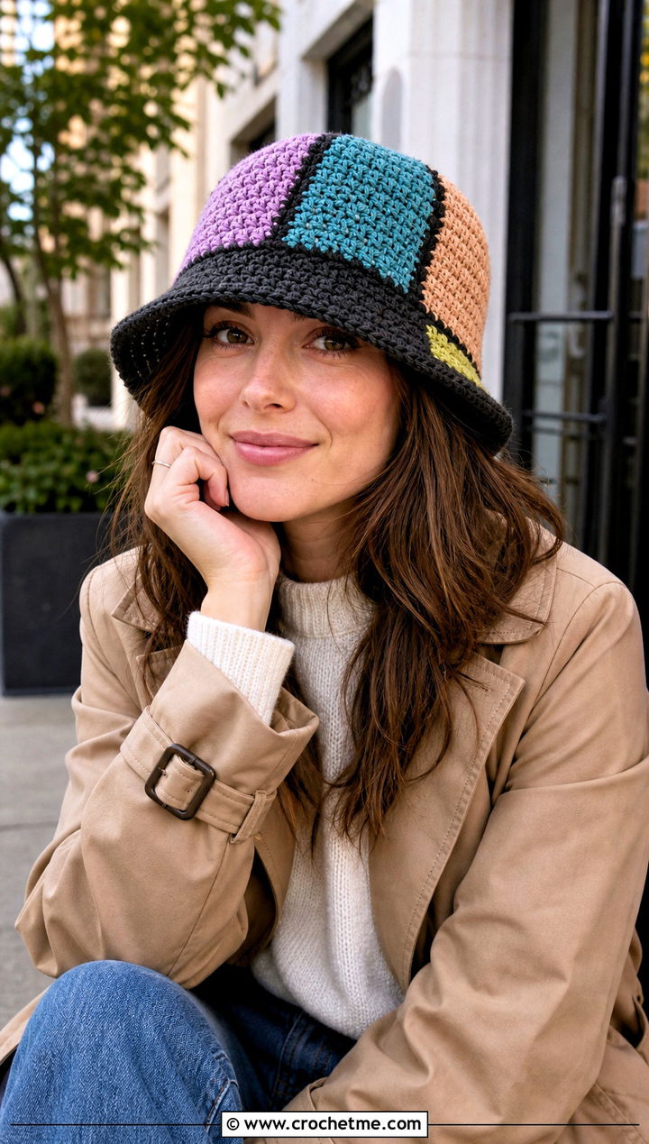 Patchwork Crochet Bucket Hat With Trench Coat - 25 Crochet Bucket Hat Design Ideas