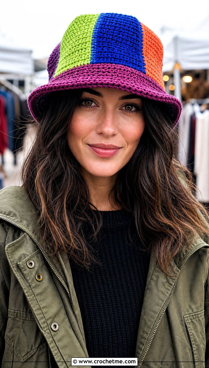 Patchwork Crochet Bucket Hat With Utility Jacket - 35 crochet winter bucket hat outfit ideas