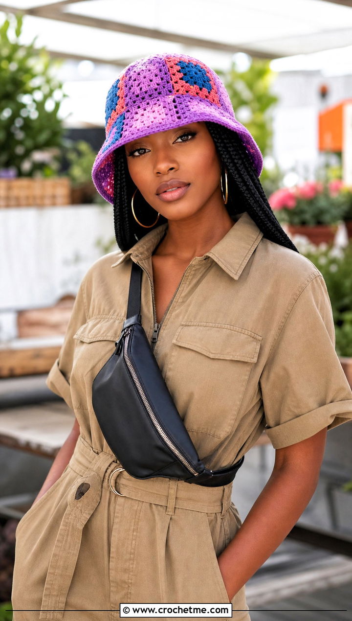 Patchwork Crochet Bucket Hat With Utility Jumpsuit - 30 crochet hats black women outfit ideas