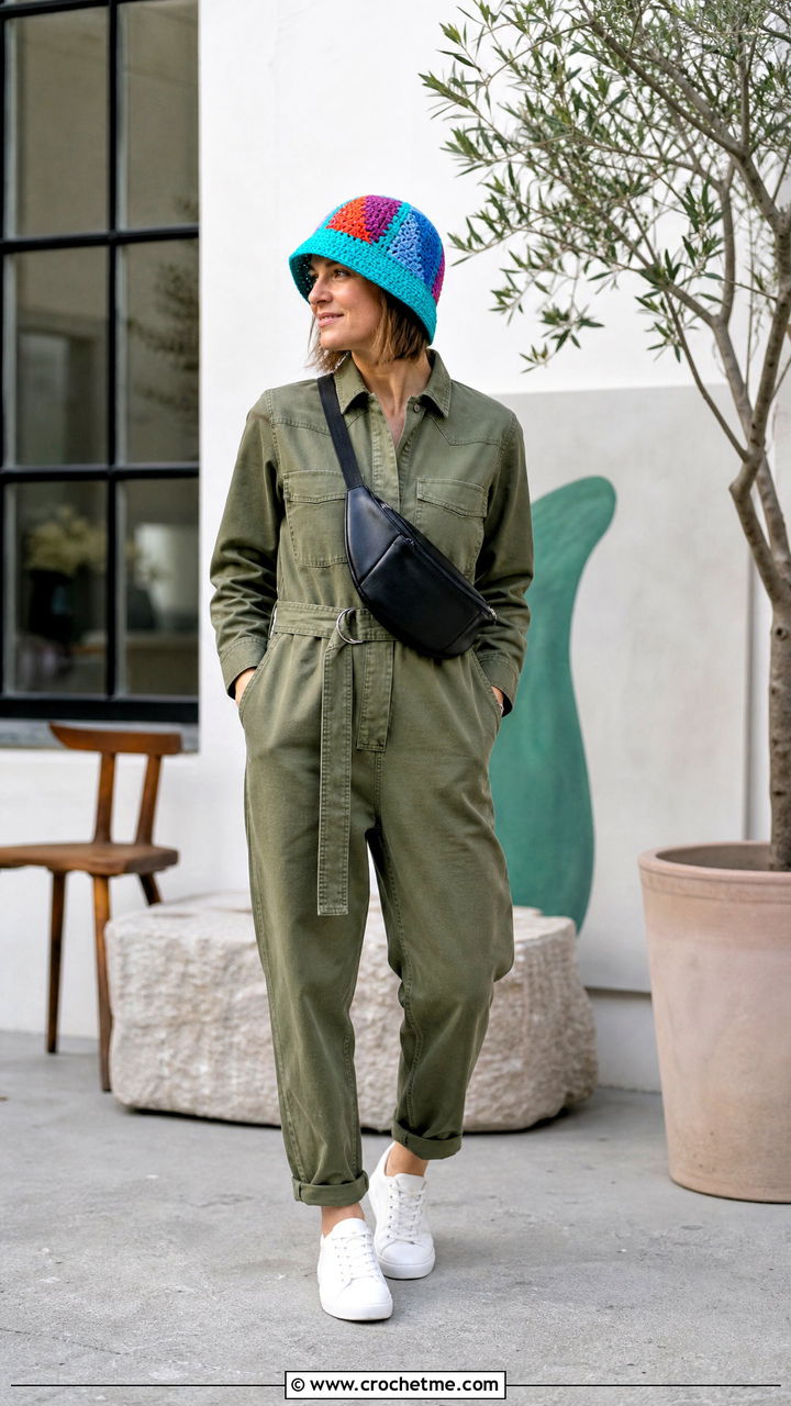 Patchwork Crochet Bucket Hat With Utility Jumpsuit - 35 crochet brim hat outfit ideas