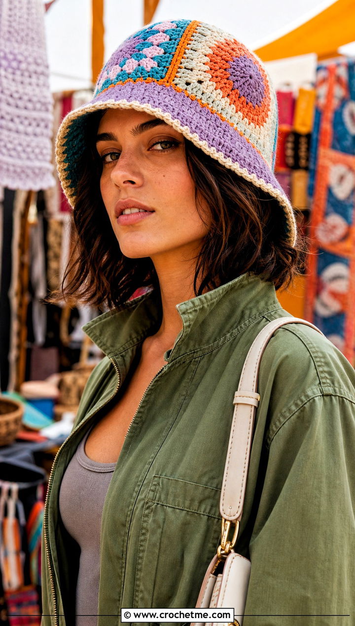 Patchwork Crochet Bucket Hat With Utility Jumpsuit - 25 Crochet Cute Bucket Hat outfit ideas