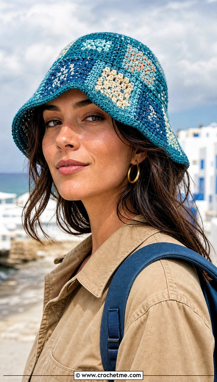 Patchwork Crochet Bucket Hat With Utility Jumpsuit - 30 beginner crochet hat outfit ideas