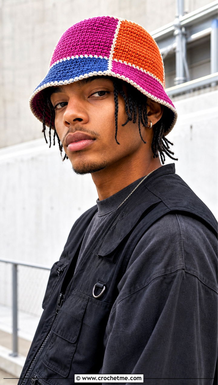 Patchwork Crochet Bucket Hat With Utility Vest And Cargo Jeans - 30 crochet bucket hat men outfit ideas