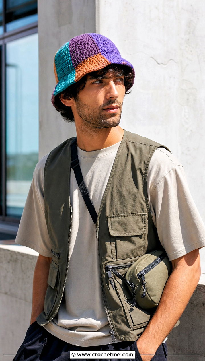Patchwork Crochet Bucket Hat With Utility Vest - 30 male crochet hat outfit ideas