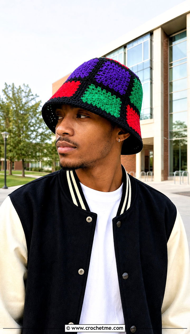 Patchwork Crochet Bucket Hat With Varsity Jacket - 25 crocheted mens hats outfit ideas