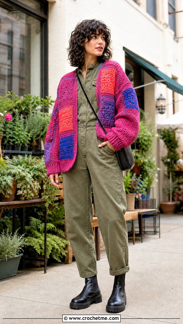 Patchwork Crochet Bulky Sweater With Utility Jumpsuit - 25 Crochet Bulky Sweater outfit ideas