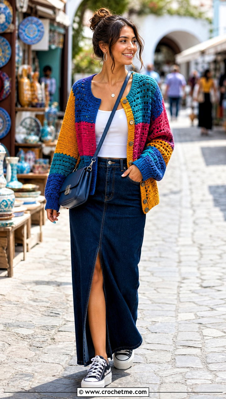 Patchwork Crochet Button Cardigan With Denim Maxi Skirt - 15 crochet sweater with button closure outfit ideas