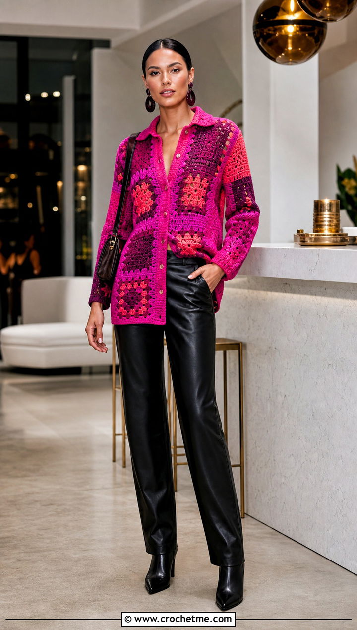 Patchwork Crochet Button Down Shirt With Leather Pants - 30 crochet button down shirt outfit ideas