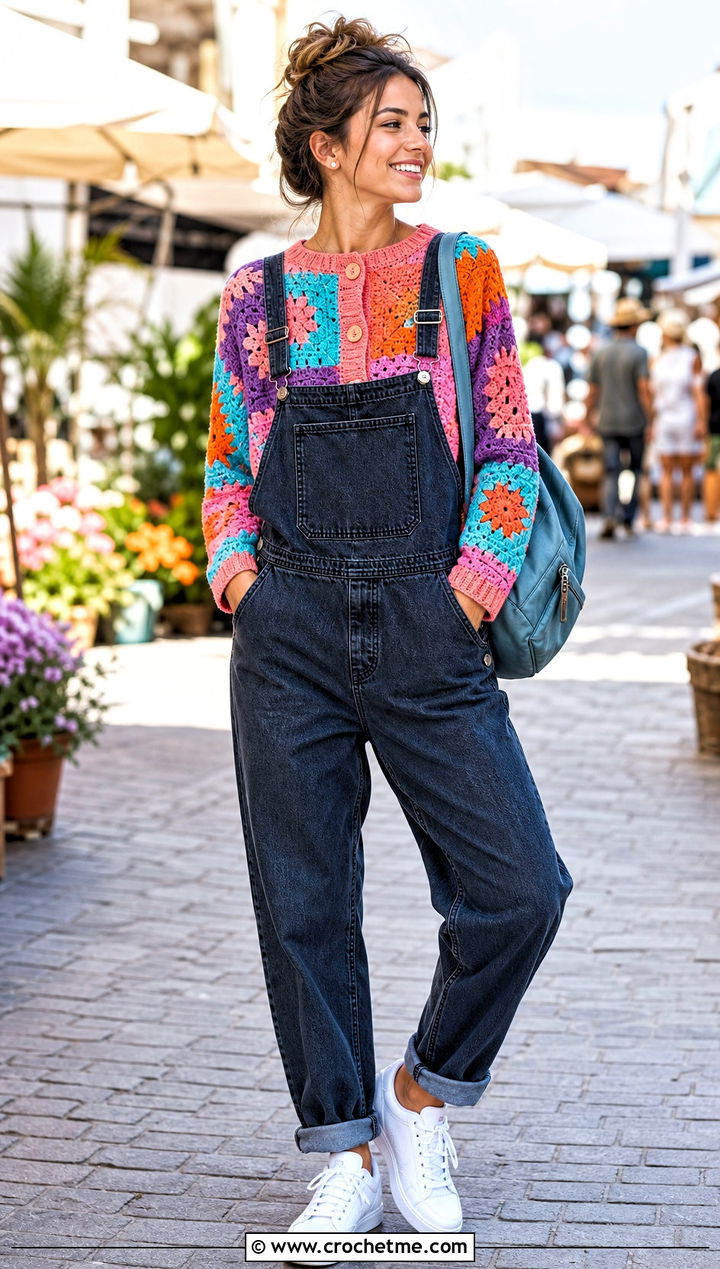 Patchwork Crochet Button Sweater With Denim Overalls - 30 Crochet Button Sweater outfit ideas