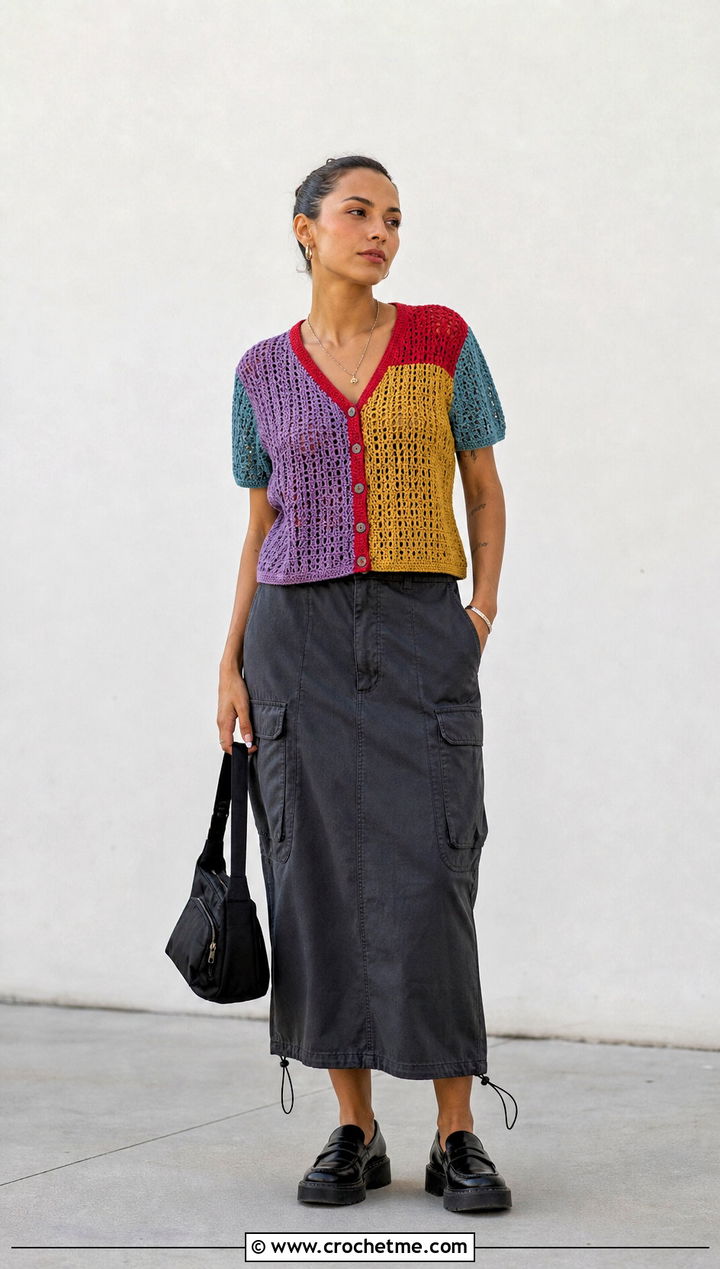 Patchwork Crochet Button Top With Cargo Midi Skirt - 30 crochet button top outfit ideas