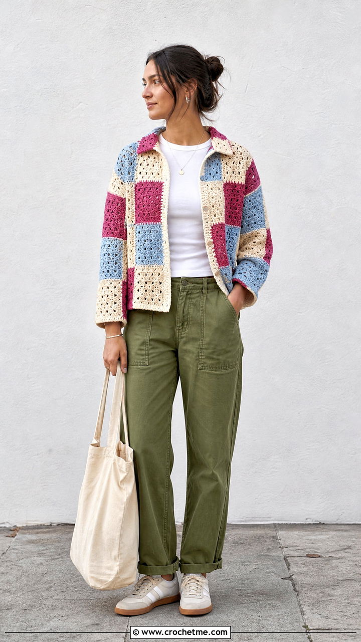 Patchwork Crochet Button Up Shirt With Utility Pants - 35 crochet button up shirt outfit ideas