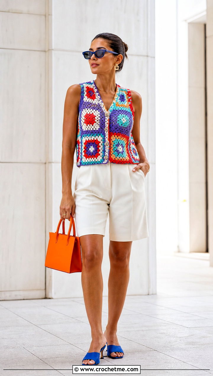 Patchwork Crochet Button Up Tank Top With Bermuda Shorts - 15 Crochet Button Up Tank Top outfit ideas