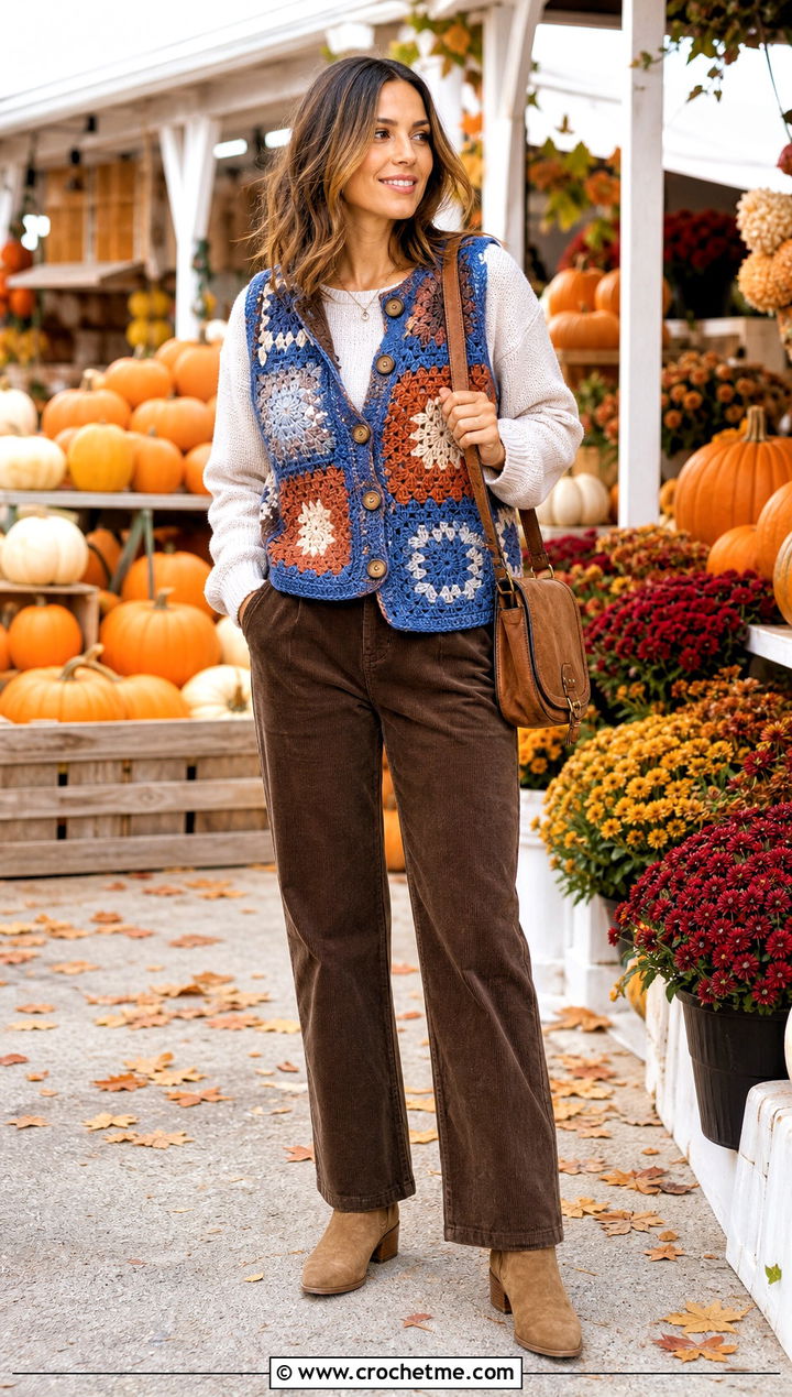 Patchwork Crochet Button Up Vest With Corduroy Pants - 25 Crochet Button Up Vest outfit ideas