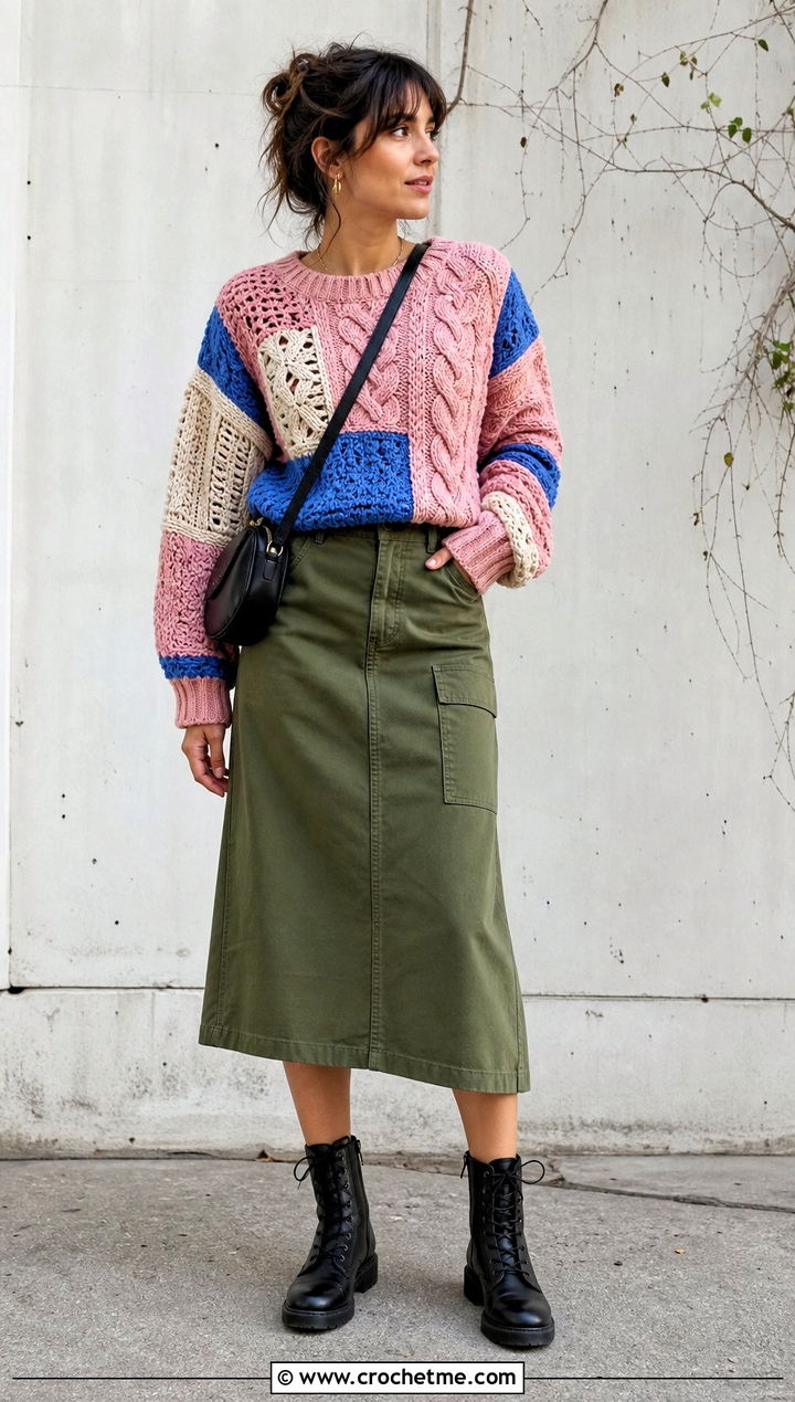 Patchwork Crochet Cable Sweater With Utility Skirt - 30 crochet cable knit sweater outfit ideas