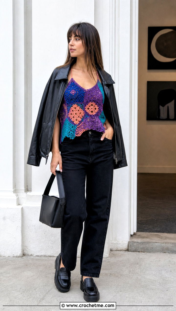 Patchwork Crochet Cami Top With Black Jeans - 30 crochet cami top outfit ideas