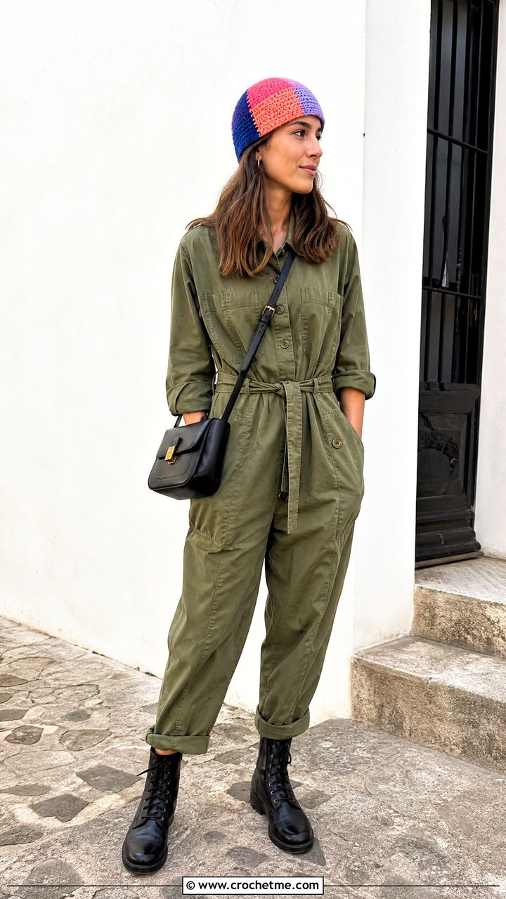 Patchwork Crochet Cap With Utility Jumpsuit And Boots - 35 crochet caps outfit ideas