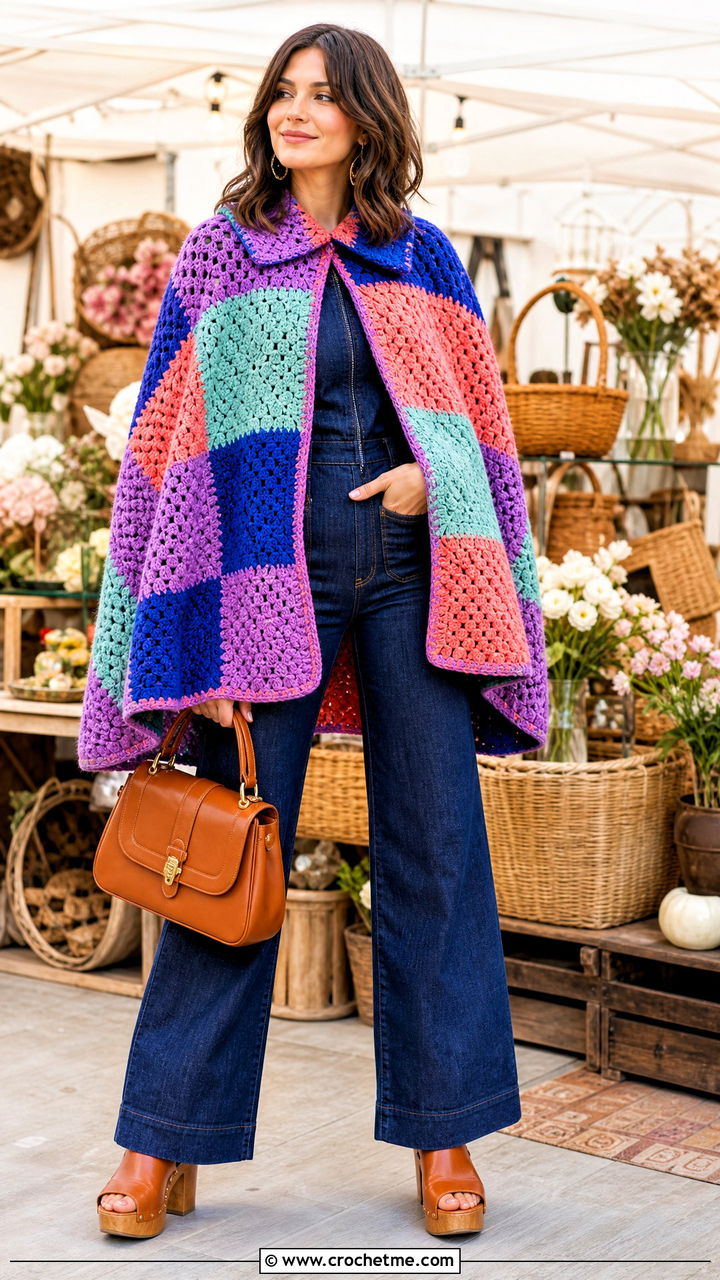 Patchwork Crochet Cape With A Denim Jumpsuit - 35 crochet cape outfit ideas