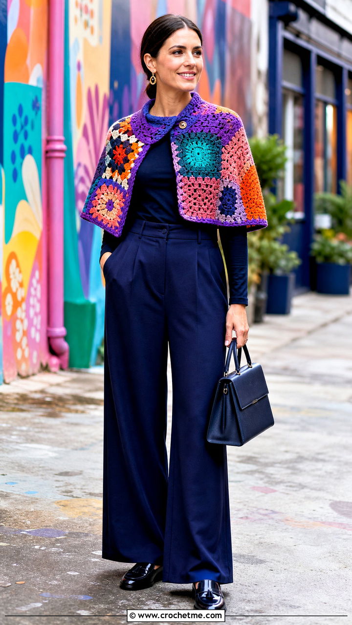 Patchwork Crochet Capelet With Monochrome Outfit - 35 crochet capelet outfit ideas