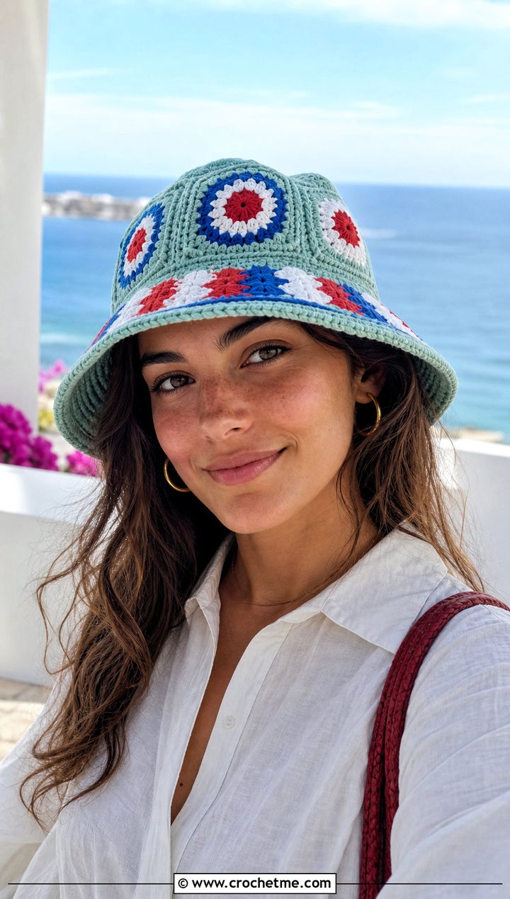 Patchwork Crochet Captain America Bucket Hat With Linen Set - 25 Crochet Captain America Hat outfit ideas