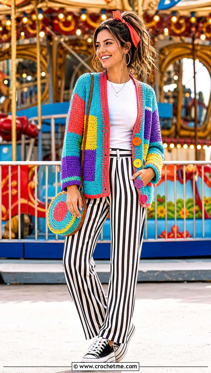 Patchwork Crochet Cardigan Circus Outfit - 30 crochet halloween outfit ideas