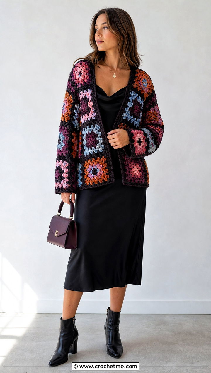 Patchwork Crochet Cardigan Over A Slip Dress - 15 Crochet For Ladies Sweaters outfit ideas