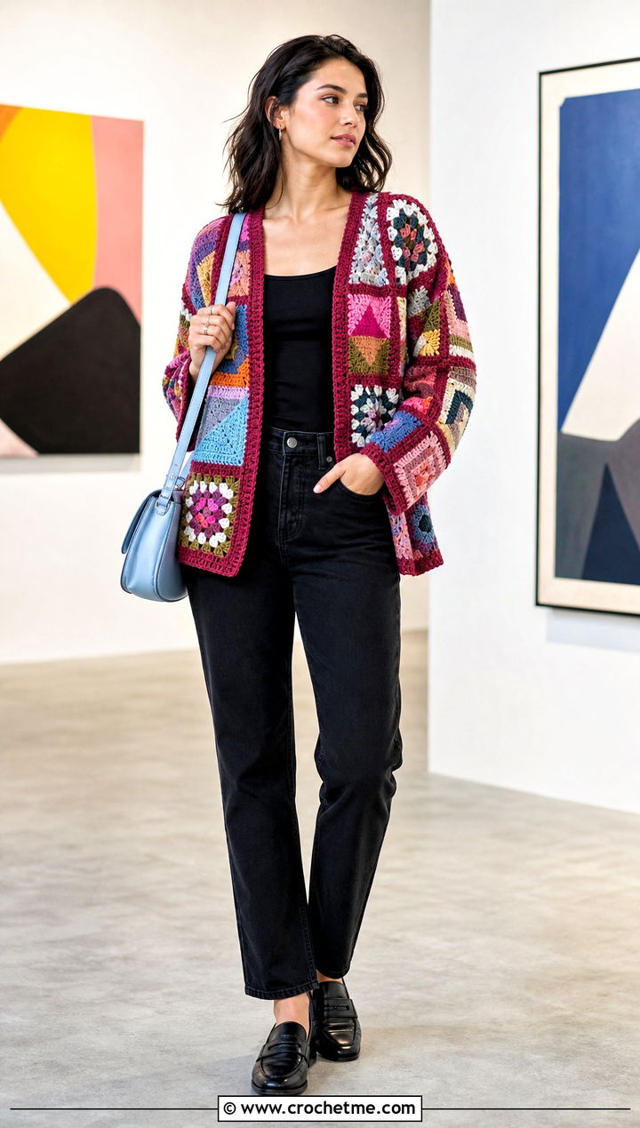 Patchwork Crochet Cardigan With Black Basics - 25 basic crochet cardigan outfit ideas