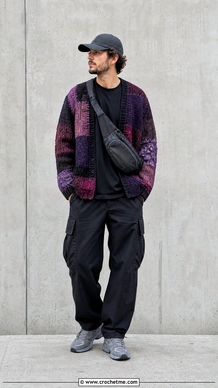 Patchwork Crochet Cardigan With Black Cargo Pants - 35 crochet cardigan men outfit ideas