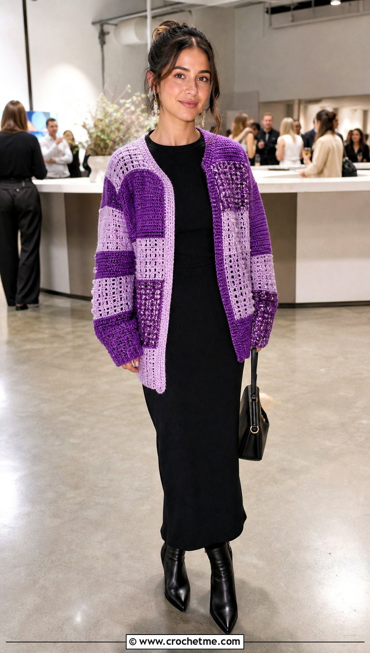 Patchwork Crochet Cardigan With Black Column Dress - 25 elegant crochet cardigan outfit ideas