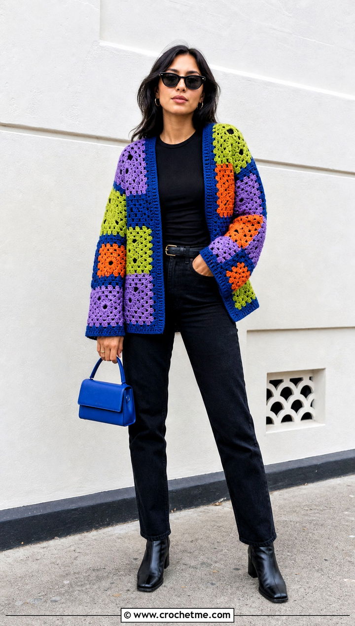 Patchwork Crochet Cardigan With Black Denim - 35 ladies crochet cardigan outfit ideas