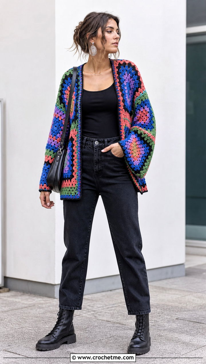 Patchwork Crochet Cardigan With Black Denim - 25 lightweight crochet cardigan outfit ideas
