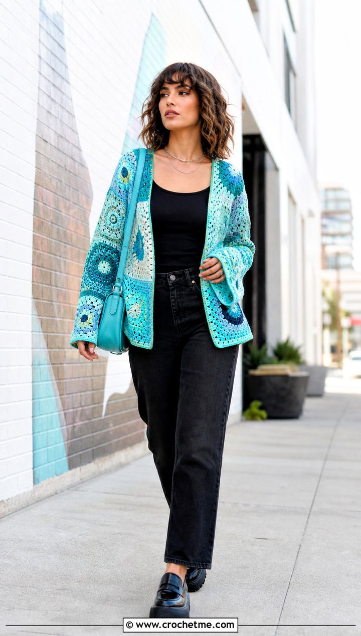 Patchwork Crochet Cardigan With Black Denim - 30 fast crochet cardigan outfit ideas