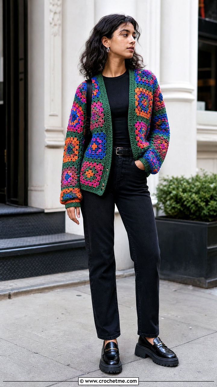 Patchwork Crochet Cardigan With Black Jeans - 35 beginner crochet clothes and outfit ideas