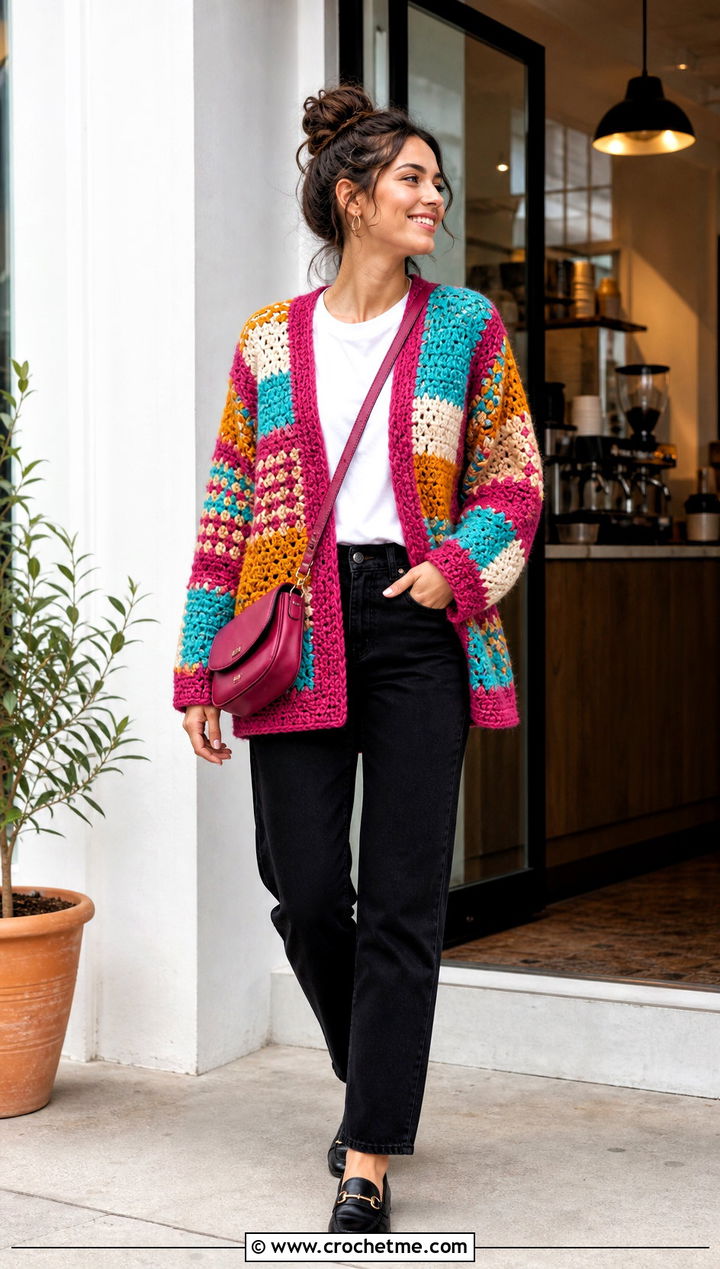 Patchwork Crochet Cardigan With Black Jeans - 30 cute crochet cardigans outfit ideas