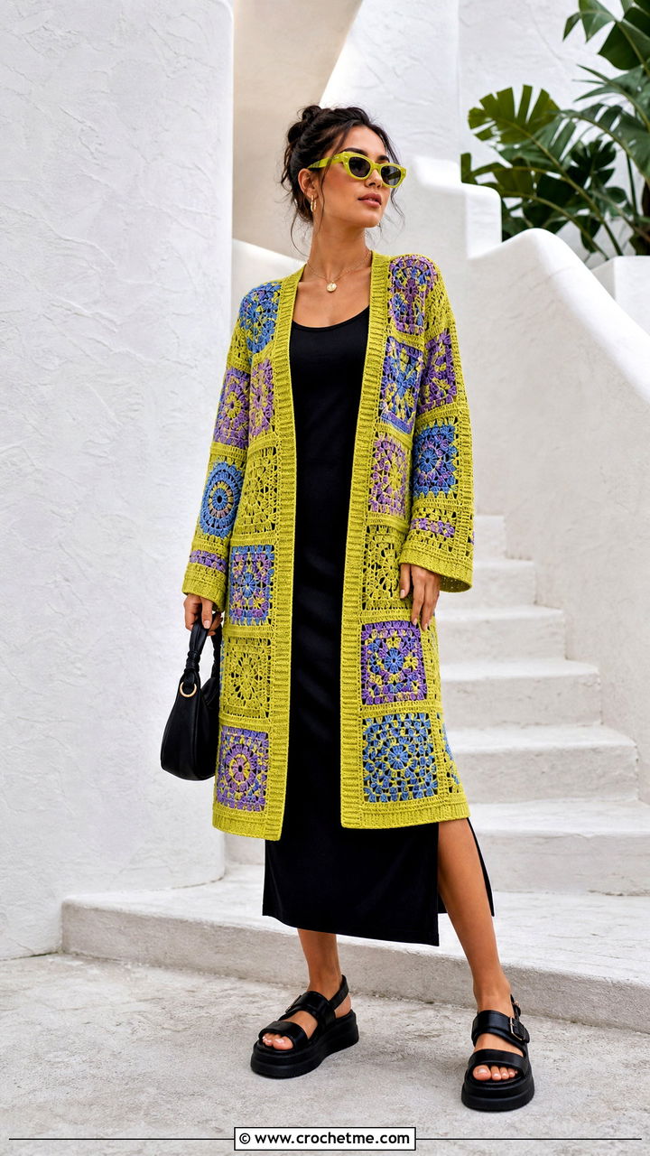 Patchwork Crochet Cardigan With Black Tank Dress - 35 crochet summer cardigan outfit ideas