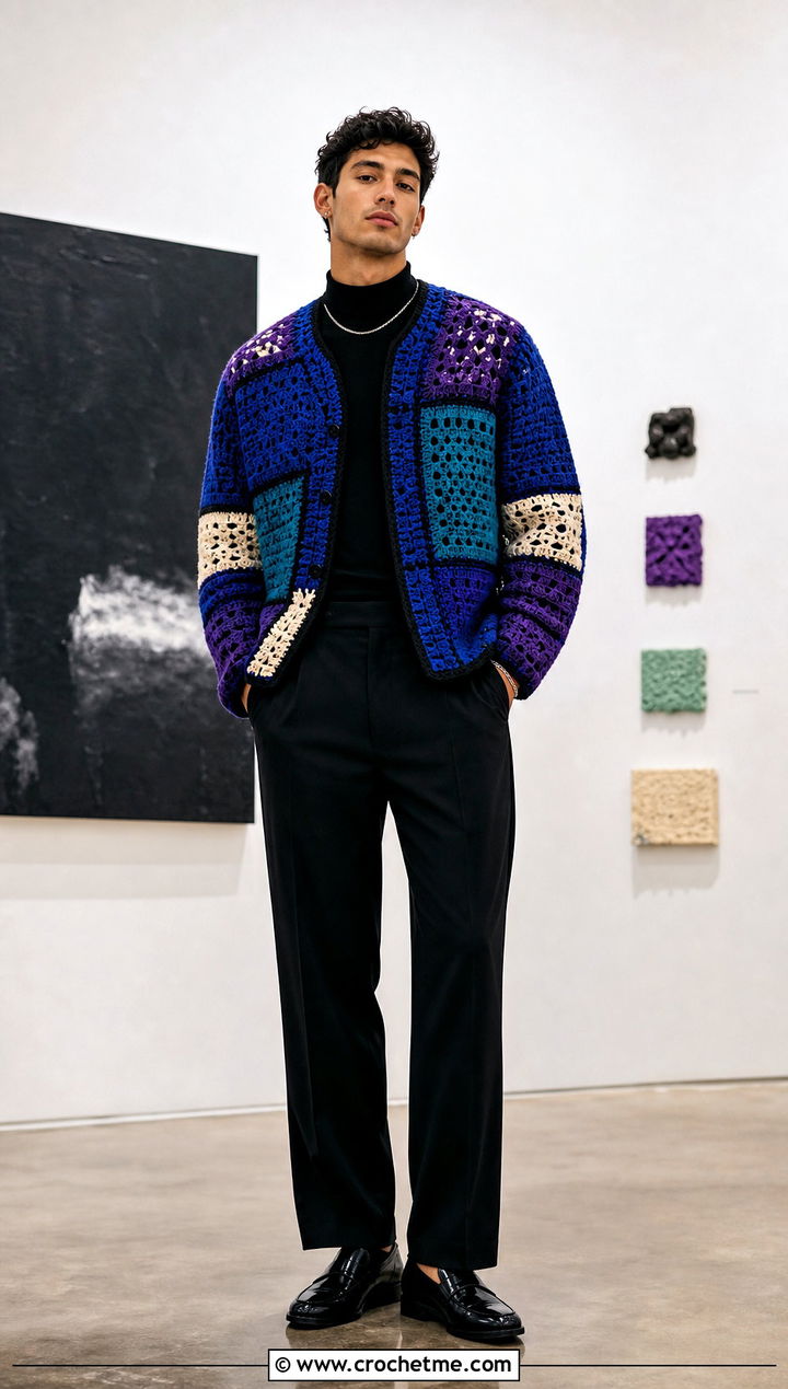 Patchwork Crochet Cardigan With Black Trousers - 15 Crochet Mens Sweaters outfit ideas