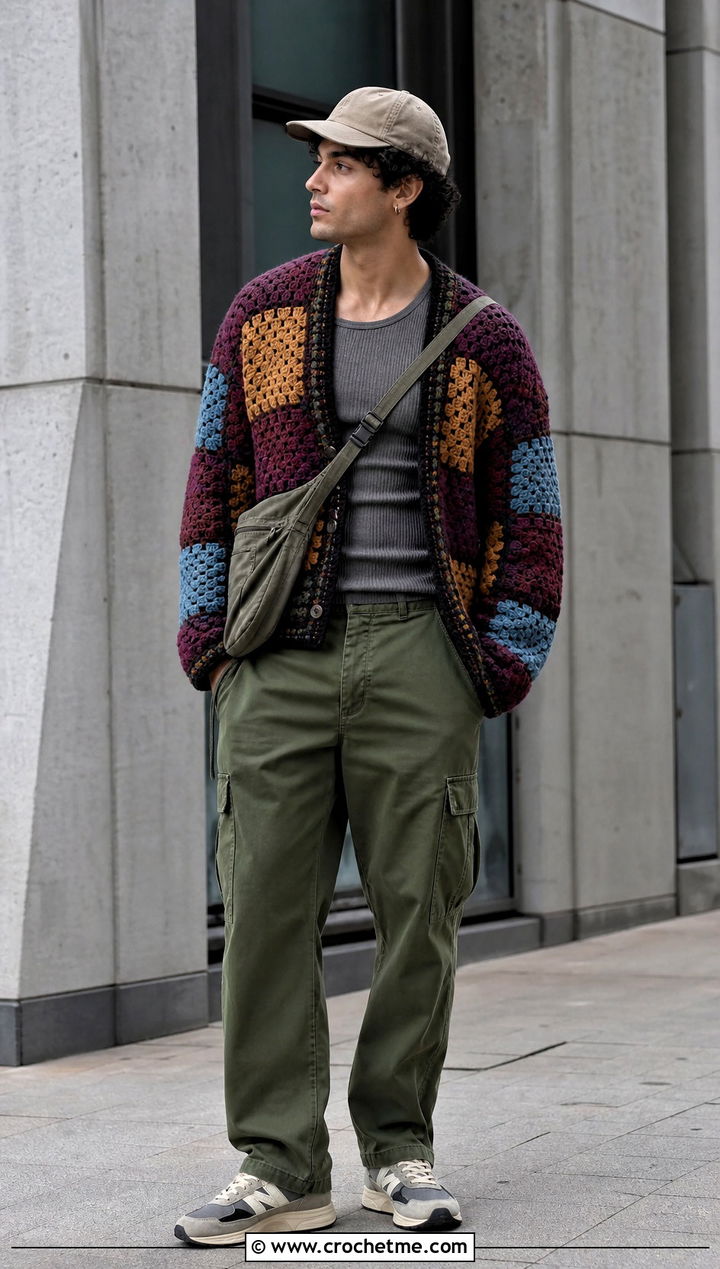 Patchwork Crochet Cardigan With Cargo Pants - 30 crochet man cardigan outfit ideas