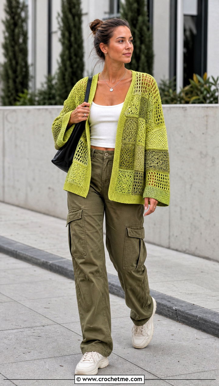 Patchwork Crochet Cardigan With Cargo Pants - 15 Crochet Cardigan Fall Fashion and outfit ideas