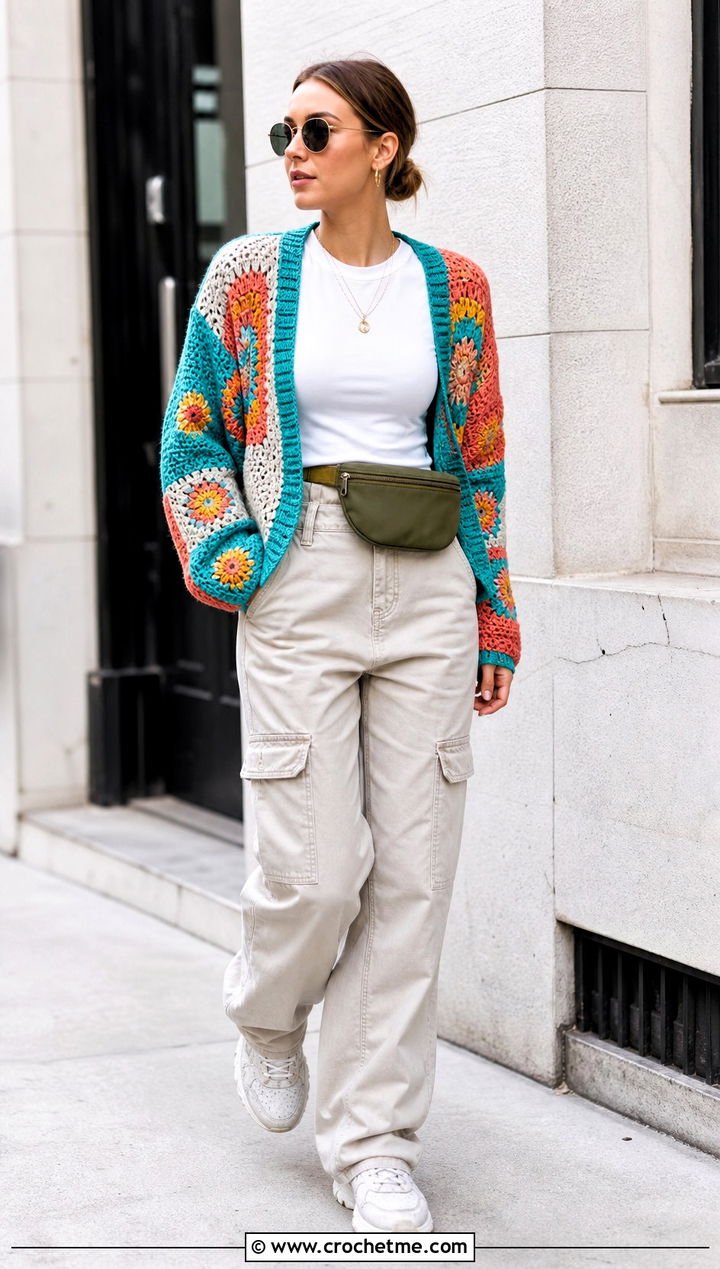 Patchwork Crochet Cardigan With Cargo Pants - 15 Easy Crochet Cardigan For Women outfit ideas
