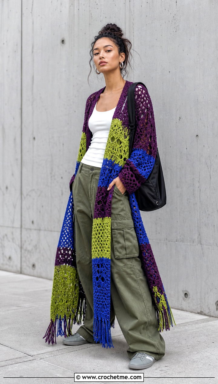 Patchwork Crochet Cardigan With Cargo Pants - 15 long crochet cardigan with fringe outfit ideas
