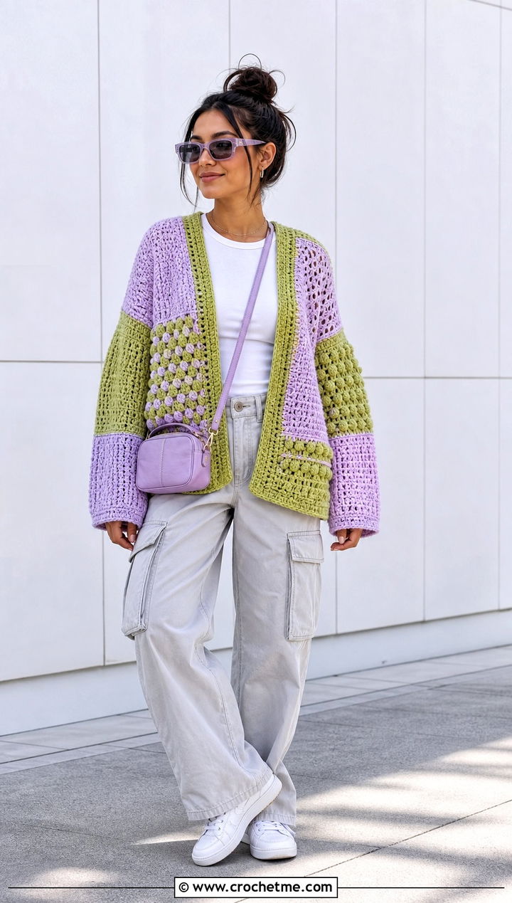 Patchwork Crochet Cardigan With Cargo Pants - 15 summer crochet cardigan design outfit ideas