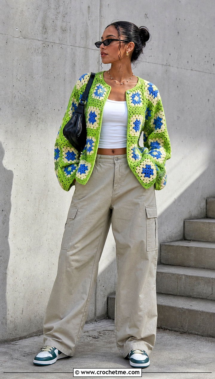 Patchwork Crochet Cardigan With Cargo Pants - 15 trendy crochet cardigan outfit ideas
