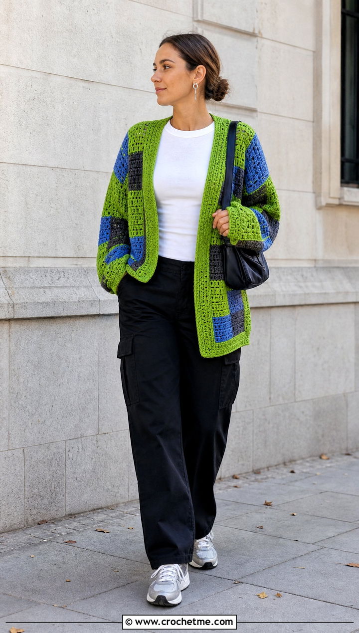 Patchwork Crochet Cardigan With Cargo Pants - 30 fall crochet sweaters outfit ideas