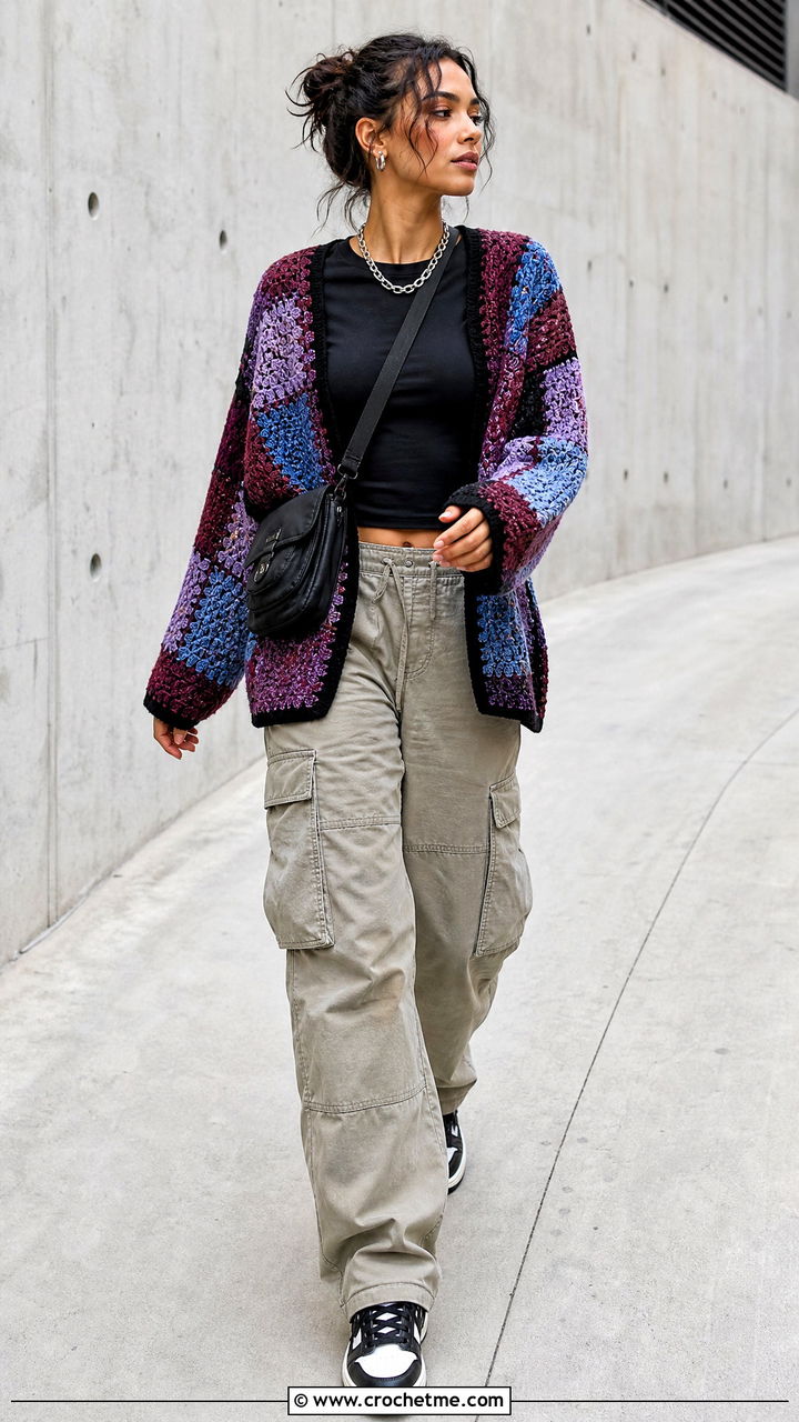 Patchwork Crochet Cardigan With Cargo Pants - 35 beginner crochet cardigan outfit ideas